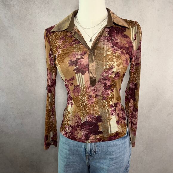 Y2K Burgundy Floral Blouse Long Sleeve Top Size Small - Picture 2 of 4